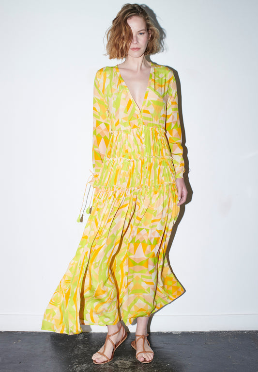 SOLSTICE Maxi Dress Kaleidoscope Yellow Peach Lime Print