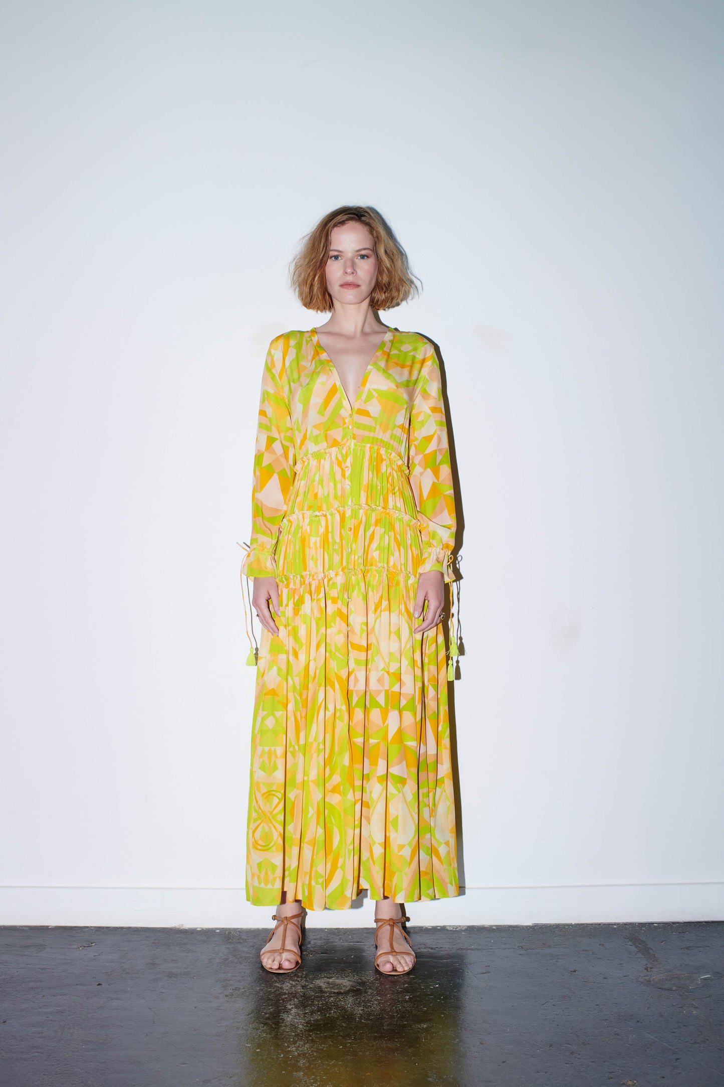 SOLSTICE Maxi Dress Kaleidoscope Yellow Peach Lime Print